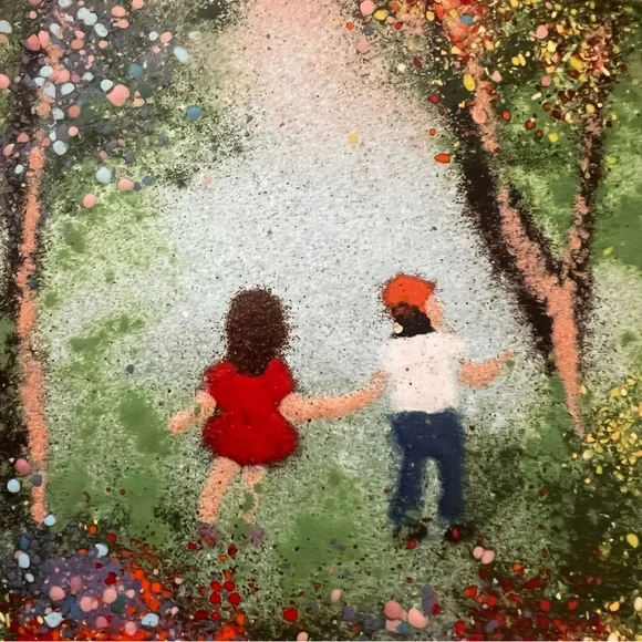 LOUIS CARDIN Signed Enamel on Copper Painting, Gold‎ Wood Frame, Kids In Forest